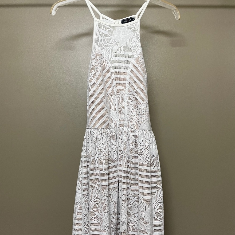 White and tan high neck A-line dress